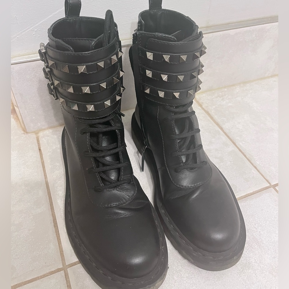 Valentino Black Leather Stud Strap Combat Booties
